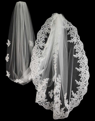 White Cathedral Wedding Veil with Pearl and Rhinestone Beaded Lace White Cathedral Wedding Veil with Pearl and Rhinestone Beaded Lace