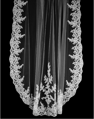 White Cathedral Wedding Veil with Pearl and Rhinestone Beaded Lace White Cathedral Wedding Veil with Pearl and Rhinestone Beaded Lace