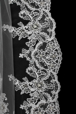 White Cathedral Wedding Veil with Pearl and Rhinestone Beaded Lace White Cathedral Wedding Veil with Pearl and Rhinestone Beaded Lace