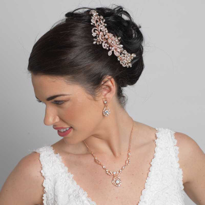 Rose Gold Rhinestone Wedding Hair Comb and Jewelry Set