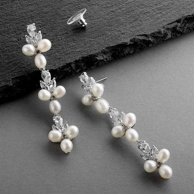 Freshwater Pearl and CZ Silver Bridal Bracelet and Earring Set