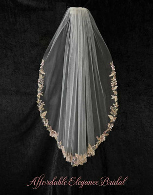 Pink, Mauve and Green Beaded Knee Length Wedding Veil CF912