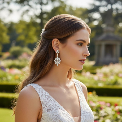 Luxurious 2" Long Pearl and CZ Wedding Earrings 9889