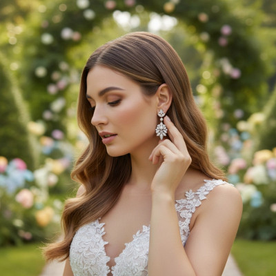 Luxurious 2" Long Pearl and CZ Wedding Earrings 9889