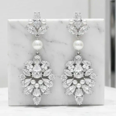 Luxurious Pearl and CZ Wedding Earrings Athena 9889