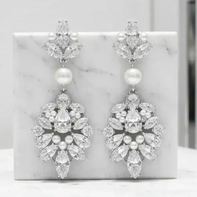 Luxurious Pearl and CZ Wedding Earrings Athena 9889
