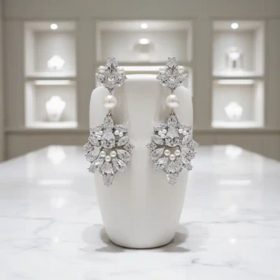Luxurious Pearl and CZ Wedding Earrings Athena 9889