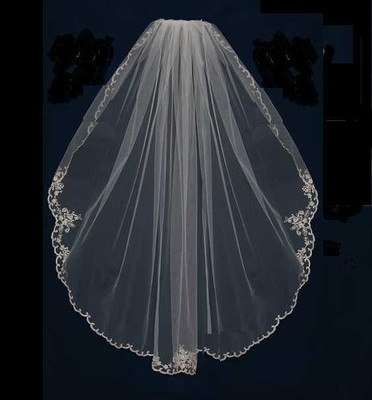 Beaded Silver Embroidery Fingertip Length Wedding Veil C450 - Sale!
