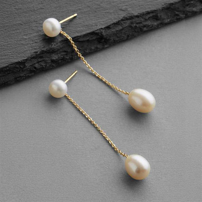 Freshwater Pearl Bridal Earrings on Delicate 14K Gold Chain