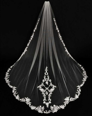 Scallop Cathedral Wedding Veil with Sequined Lace Appliques Scallop Cathedral Wedding Veil with Sequined Lace Appliques