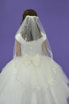 First Communion Veil with Pearl and Rhinestone Beaded Lace
