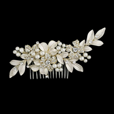 Light Gold Rhinestone and Pearl Floral Wedding Hair Comb - Sale!