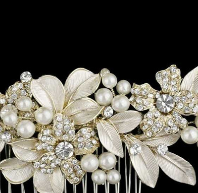 Light Gold Rhinestone and Pearl Floral Wedding Comb - Sale!