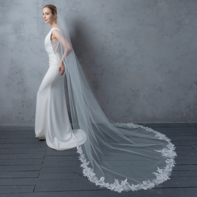 Romantic Cathedral Wedding Veil with Beaded Lace V6231C