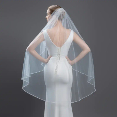 Angel Cut Pearl and Frosted Bugle Bead Knee Length Wedding Veil