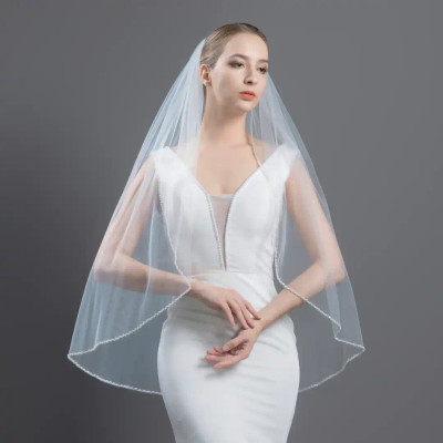 Frosted Bugle Bead and Pearl Beaded Fingertip Wedding Veil Frosted Bugle Bead and Pearl Beaded Fingertip Wedding Veil