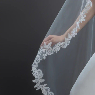60" Long Beaded Lace Mantilla Style Waltz Wedding Veil V6217M