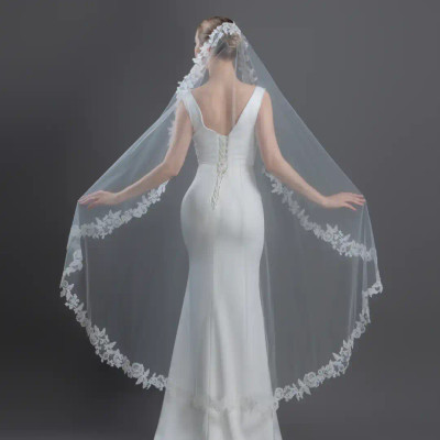 60" Long Beaded Lace Mantilla Style Waltz Wedding Veil V6217M