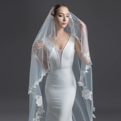 Angel Cut Cathedral Wedding Veil with Beaded Floral Lace V6221C
