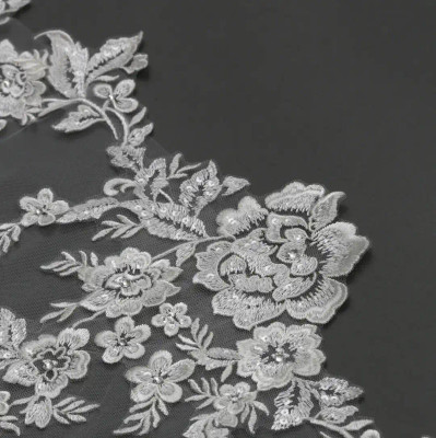 Angel Cut Cathedral Wedding Veil with Beaded Floral Lace V6221C