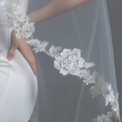 Fingertip Wedding Veil with Beaded Floral Lace V6221