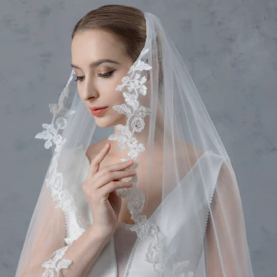 Angel Cut Cathedral Wedding Veil with Floral Vine Lace V6217C