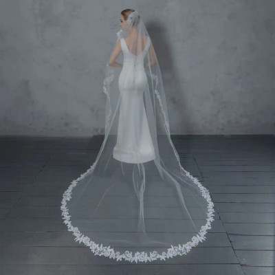 Angel Cut Cathedral Wedding Veil with Floral Vine Lace V6217C