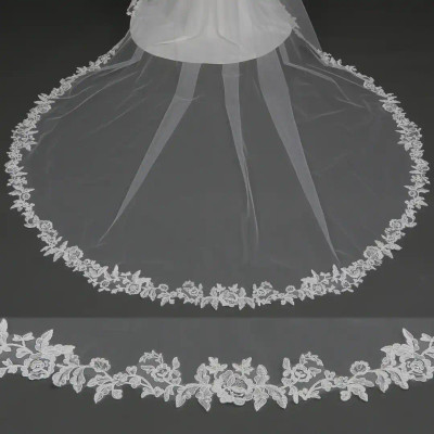 Angel Cut Cathedral Wedding Veil with Floral Vine Lace V6217C