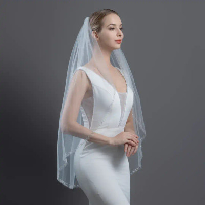 Crystal Beaded Fingertip Wedding Veil V6392