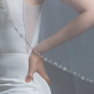 Pearl and Sequin Beaded Fingertip Wedding Veil V6391 Pearl and Sequin Beaded Fingertip Wedding Veil V6391
