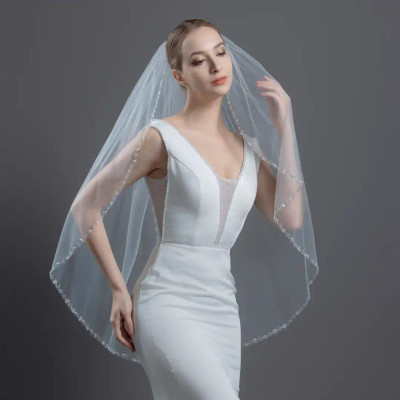 Pearl and Sequin Beaded Fingertip Wedding Veil V6391 Pearl and Sequin Beaded Fingertip Wedding Veil V6391