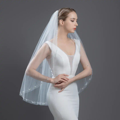 Crystal Flower Beaded Edge Fingertip Wedding Veil V6328 Crystal Flower Beaded Edge Fingertip Wedding Veil V6328