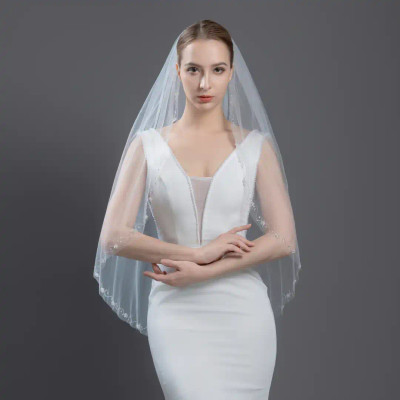 Crystal Flower Beaded Edge Fingertip Wedding Veil V6328 Crystal Flower Beaded Edge Fingertip Wedding Veil V6328