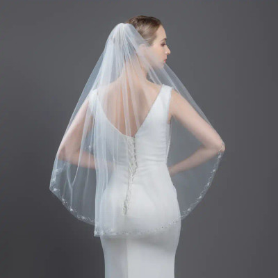 Crystal Flower Beaded Edge Fingertip Wedding Veil V6328 Crystal Flower Beaded Edge Fingertip Wedding Veil V6328