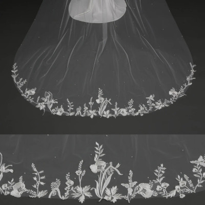 Cathedral Wedding Veil with Beaded Floral Lace V6235C