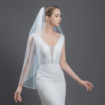 Pearl and Frosted Bugle Bead Fingertip Wedding Veil V6267-1 Pearl and Frosted Bugle Bead Fingertip Wedding Veil V6267-1