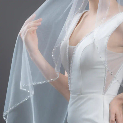Angel Cut Pearl and Sequin Knee Length Wedding Veil V6246