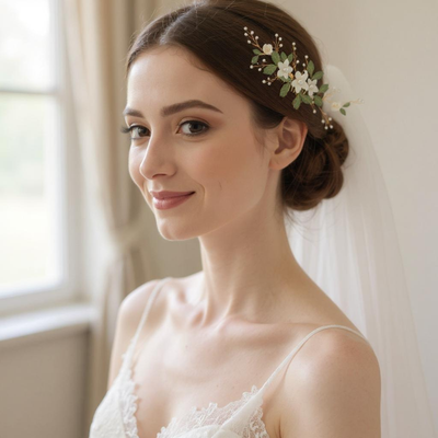 Floral Wedding Comb with Green Leaves C3501 Floral Wedding Comb with Green Leaves C3501