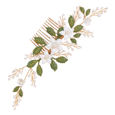 Floral Wedding Comb with Green Leaves C3501 Floral Wedding Comb with Green Leaves C3501