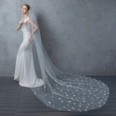 3D Organza Flower and Pearl Royal Cathedral Wedding Veil V6233 3D Organza Flower and Pearl Royal Cathedral Wedding Veil V6233