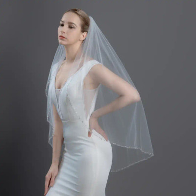 Crystal and Rhinestone Beaded Fingertip Length Wedding Veil V6249