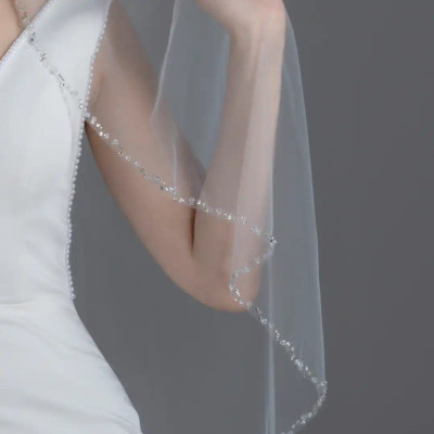 Crystal and Rhinestone Beaded Fingertip Length Wedding Veil V6249