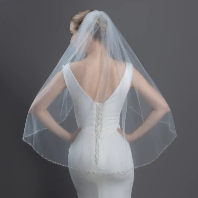 Crystal and Rhinestone Beaded Fingertip Length Wedding Veil V6249