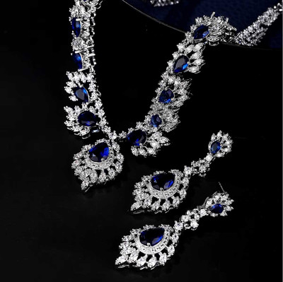 5A CZ Wedding and Formal Jewelry Set in Sapphire Blue