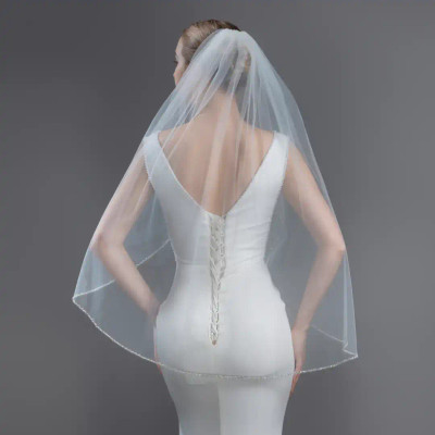 Fingertip Wedding Veil with Silver Beaded Edge V6264 Fingertip Wedding Veil with Silver Beaded Edge V6264