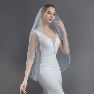 Fingertip Wedding Veil with Silver Beaded Edge V6264 Fingertip Wedding Veil with Silver Beaded Edge V6264