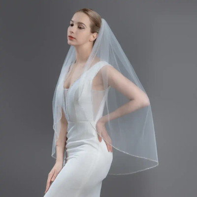 Fingertip Wedding Veil with Silver Beaded Edge V6264 Fingertip Wedding Veil with Silver Beaded Edge V6264