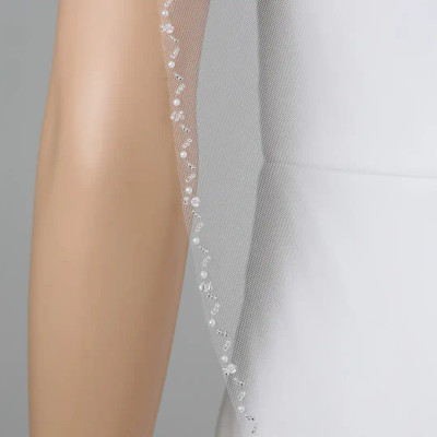 Crystal and Pearl Beaded Fingertip Wedding Veil V6331