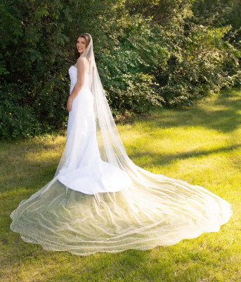 Scallop Royal Cathedral Wedding Veil with Pearl and Crystal Scatter