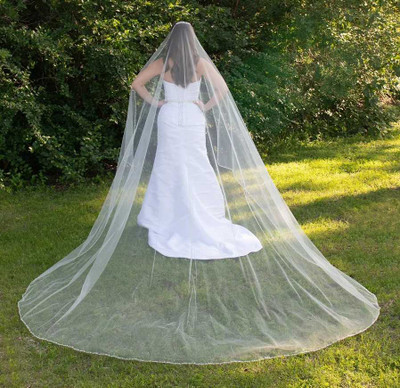 Angel Cut Royal Cathedral Wedding Veil with Pearl and Crystal Beading